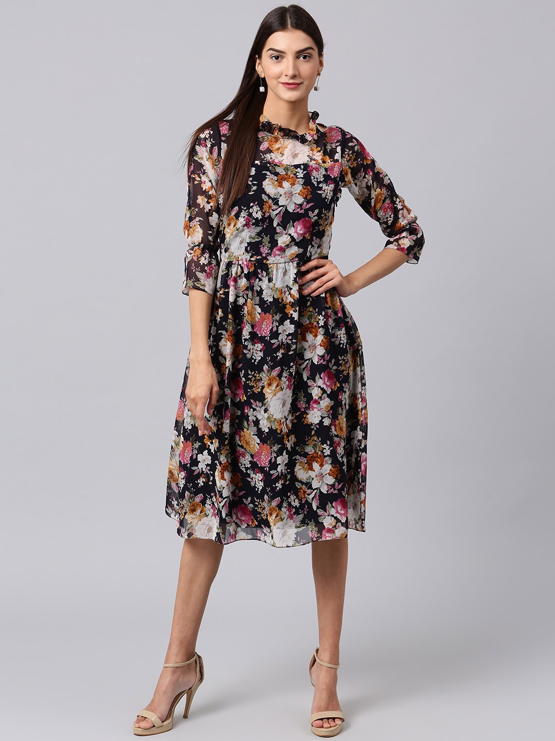 Athena Women Black Printed Fit and Flare Dress