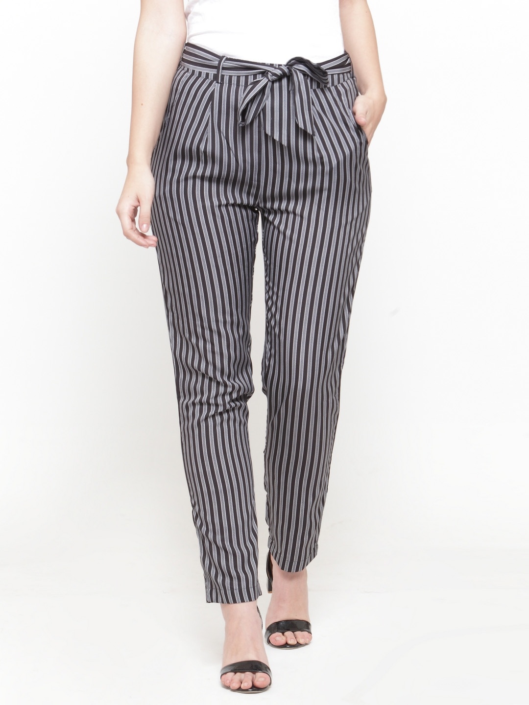 

plusS Women Black & White Striped Flared Palazzos
