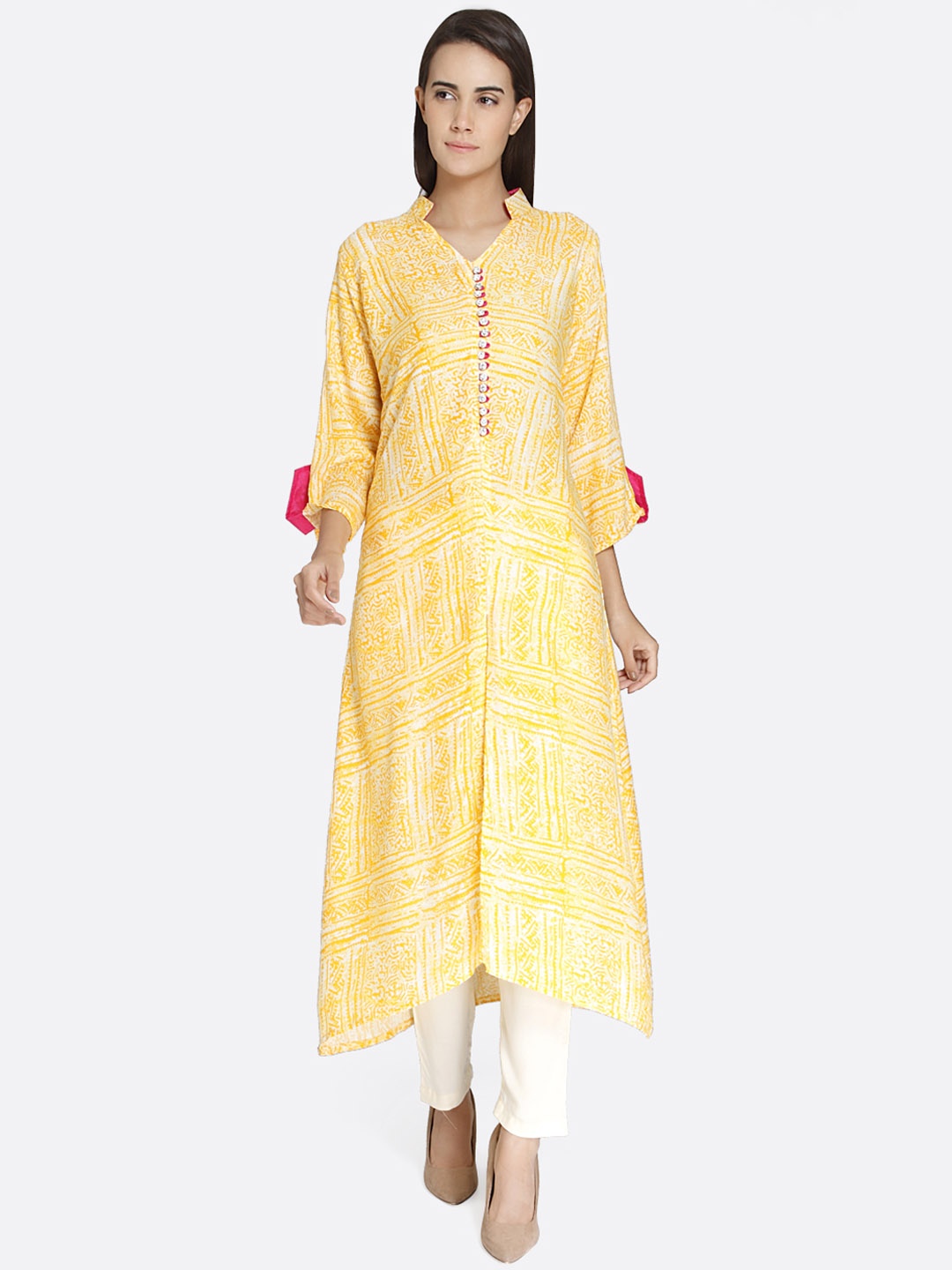 

shiloh Women Yellow Printed Asymmetrical Hem A-Line Kurta