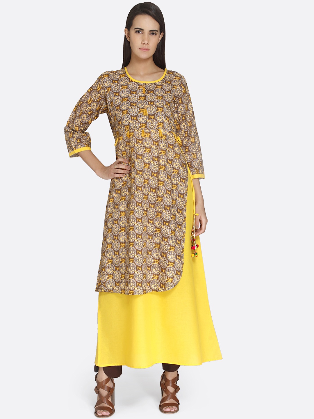 

shiloh Women Yellow & Brown Printed A-Line Kurta