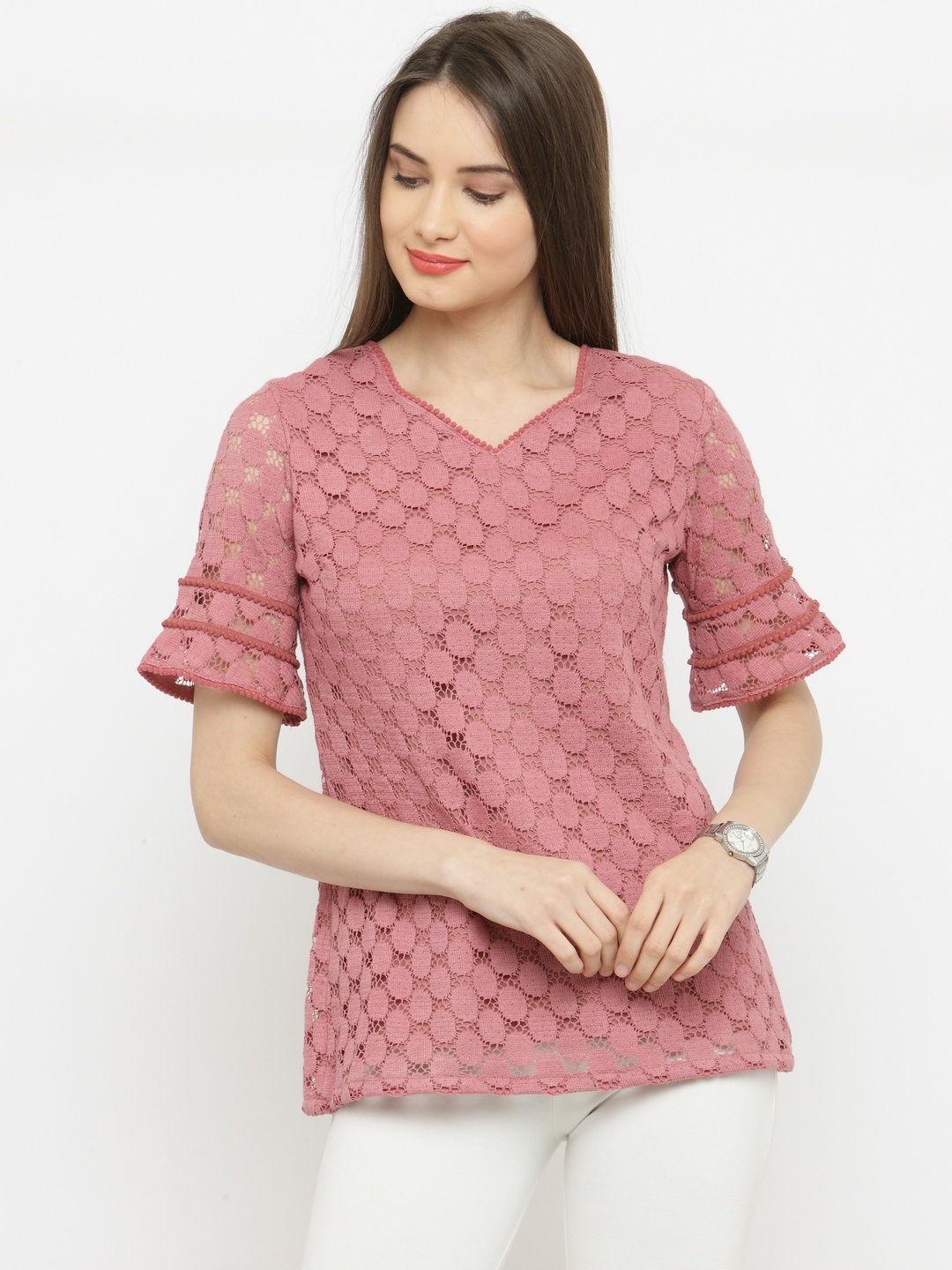 

plusS Women Pink Self Design A-Line Pure Cotton Top
