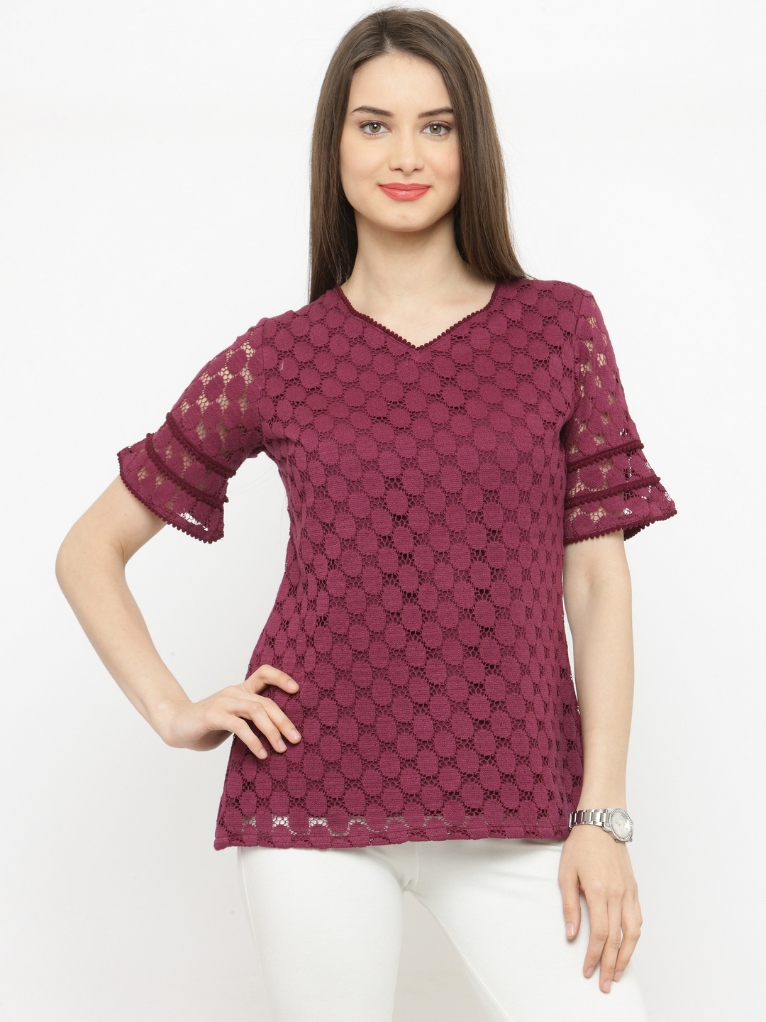 

plusS Women Burgundy Self Design Pure Cotton Top