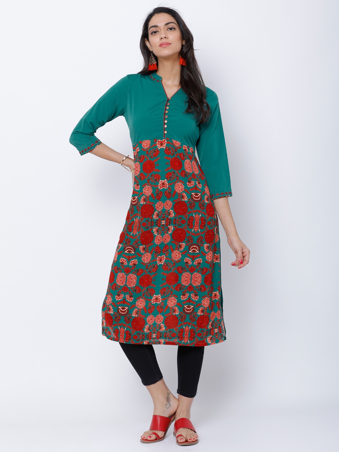 

Vishudh Women Teal & Red Printed Straight Kurta