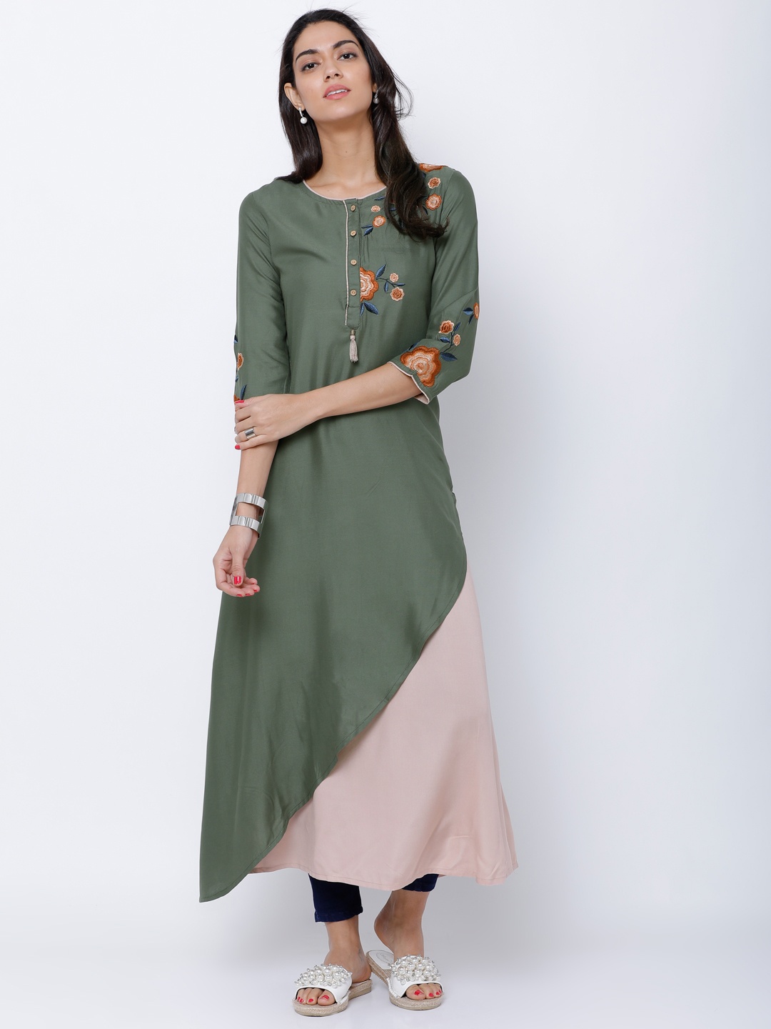 

Vishudh Women Beige & Olive Green Embroidered Asymmetric Hemline A-Line Kurta