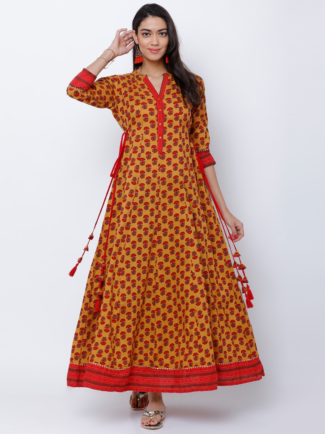 

Vishudh Women Mustard & Red Printed Anarkali Kurta