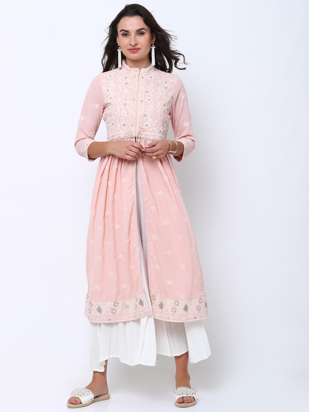 

Vishudh Women Pink & Off-White Embroidered Straight Kurta