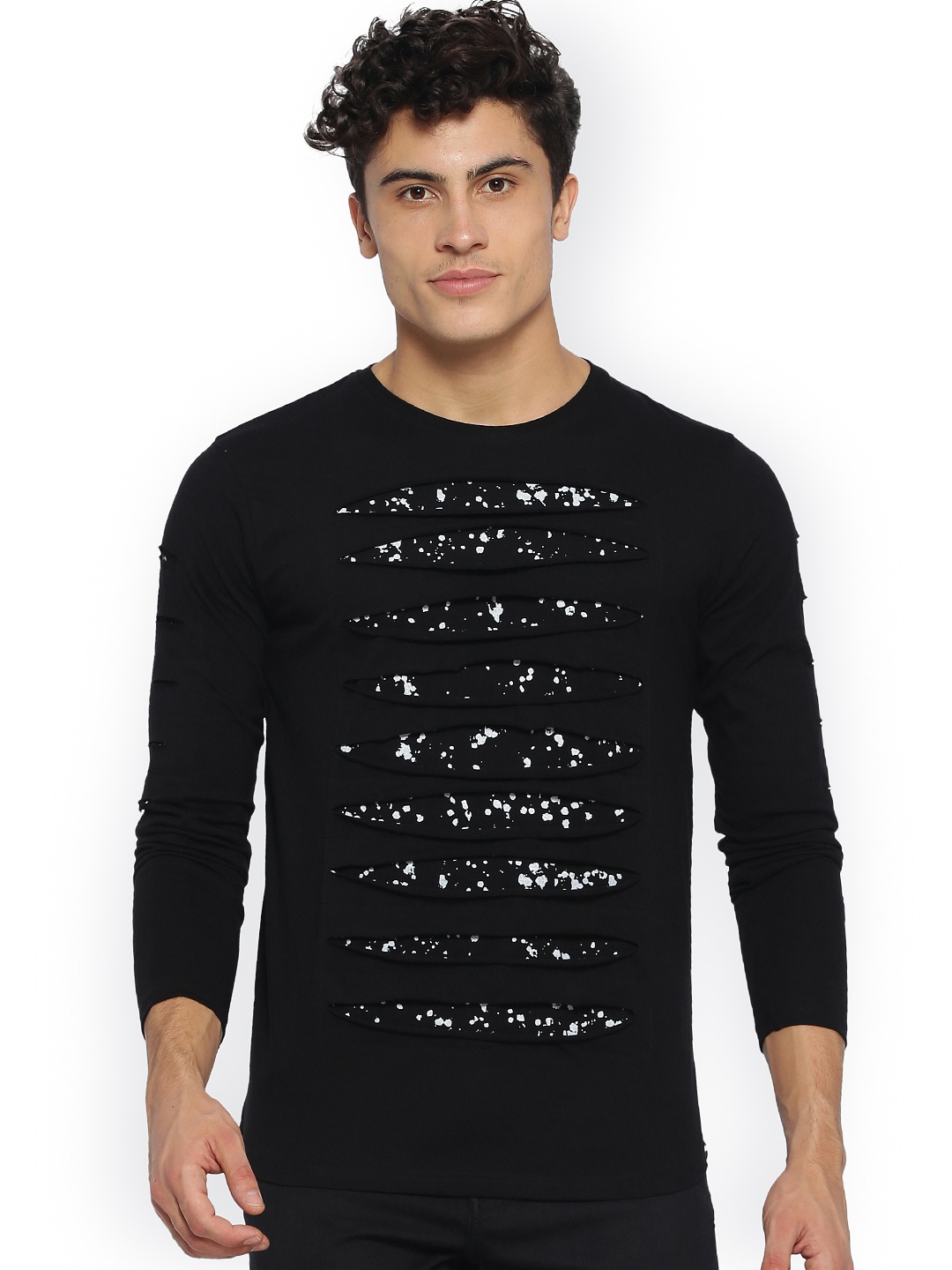 

Campus Sutra Men Black Self Design Round Neck T-shirt