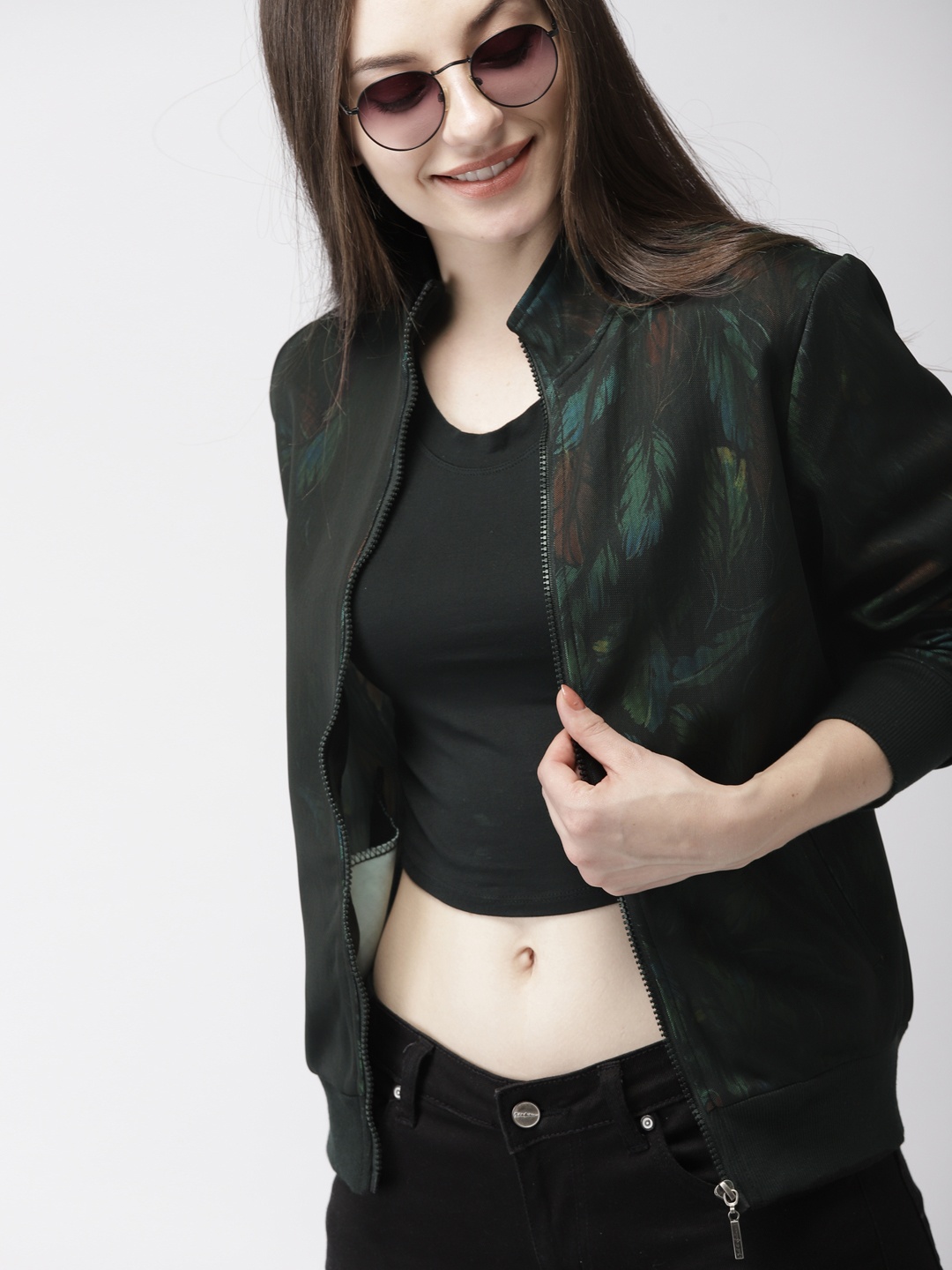 

Mast & Harbour Women Black & Green Printed Bomber