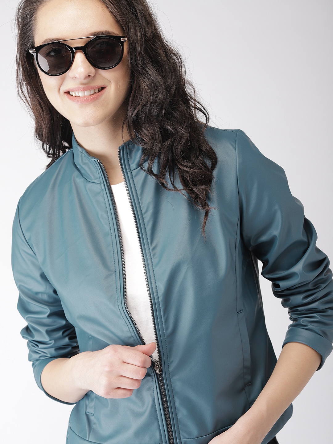 

Mast & Harbour Women Teal Blue Solid Biker Jacket