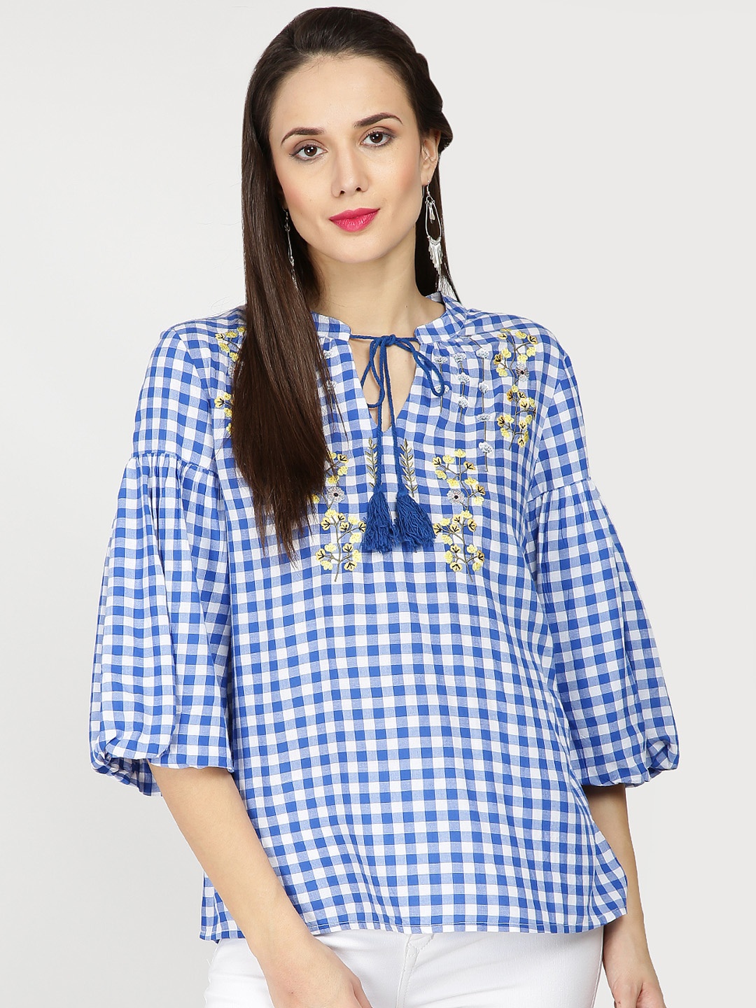 

Gipsy Women Blue Checked A-Line Top