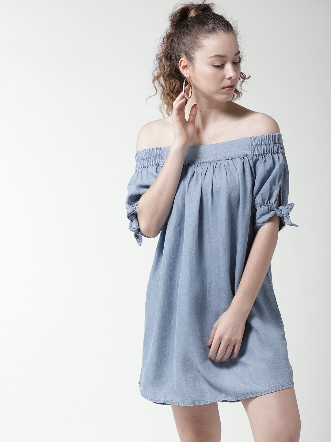 

FOREVER 21 Women Denim Blue Off-Shoulder A-Line Dress