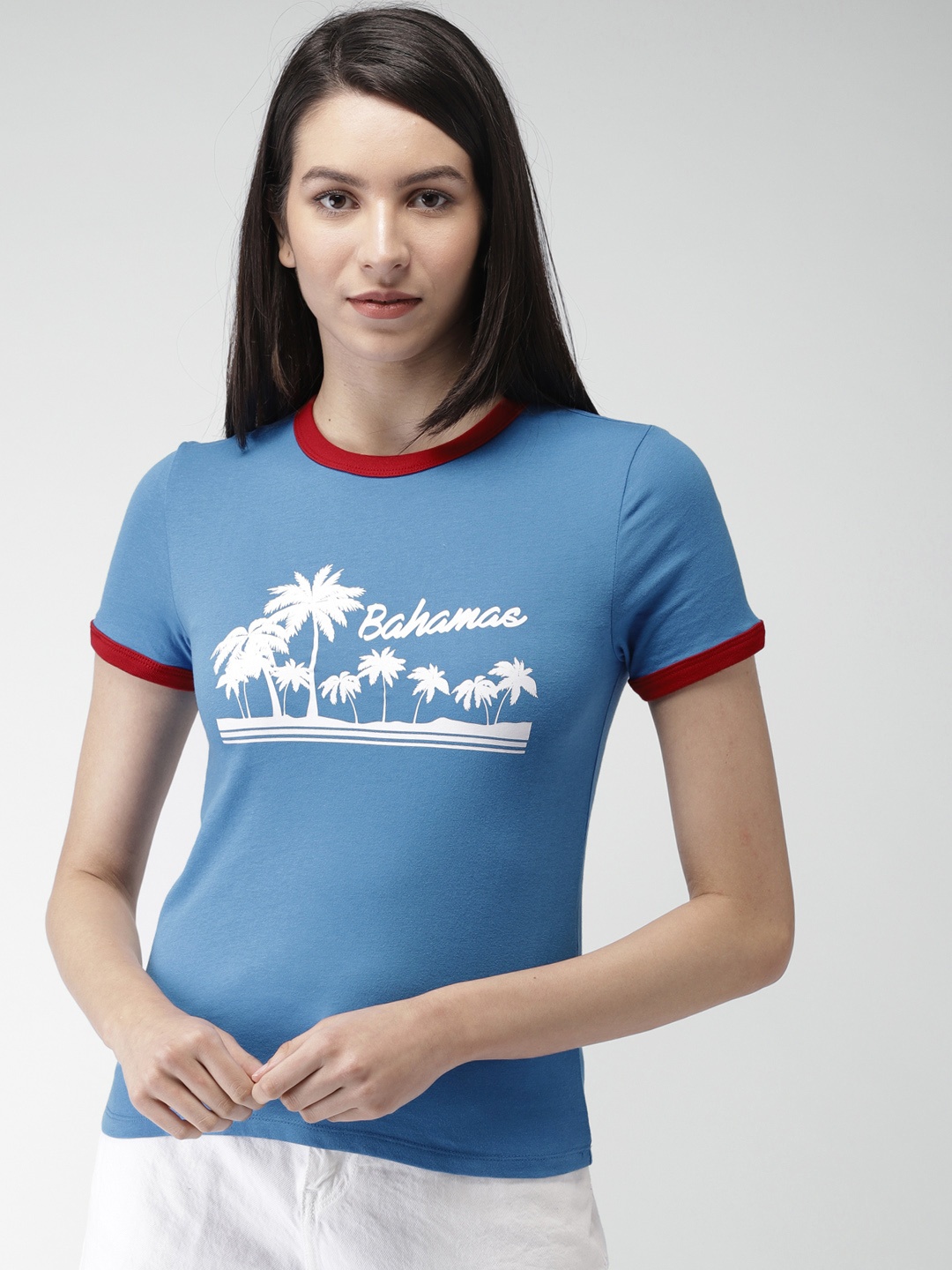 

FOREVER 21 Women Blue Printed Round Neck T-shirt