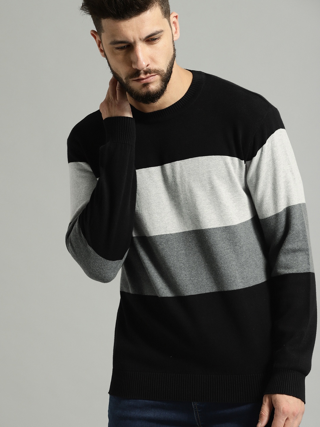 

Roadster Men Black & Grey Colourblocked Pullover Sweater