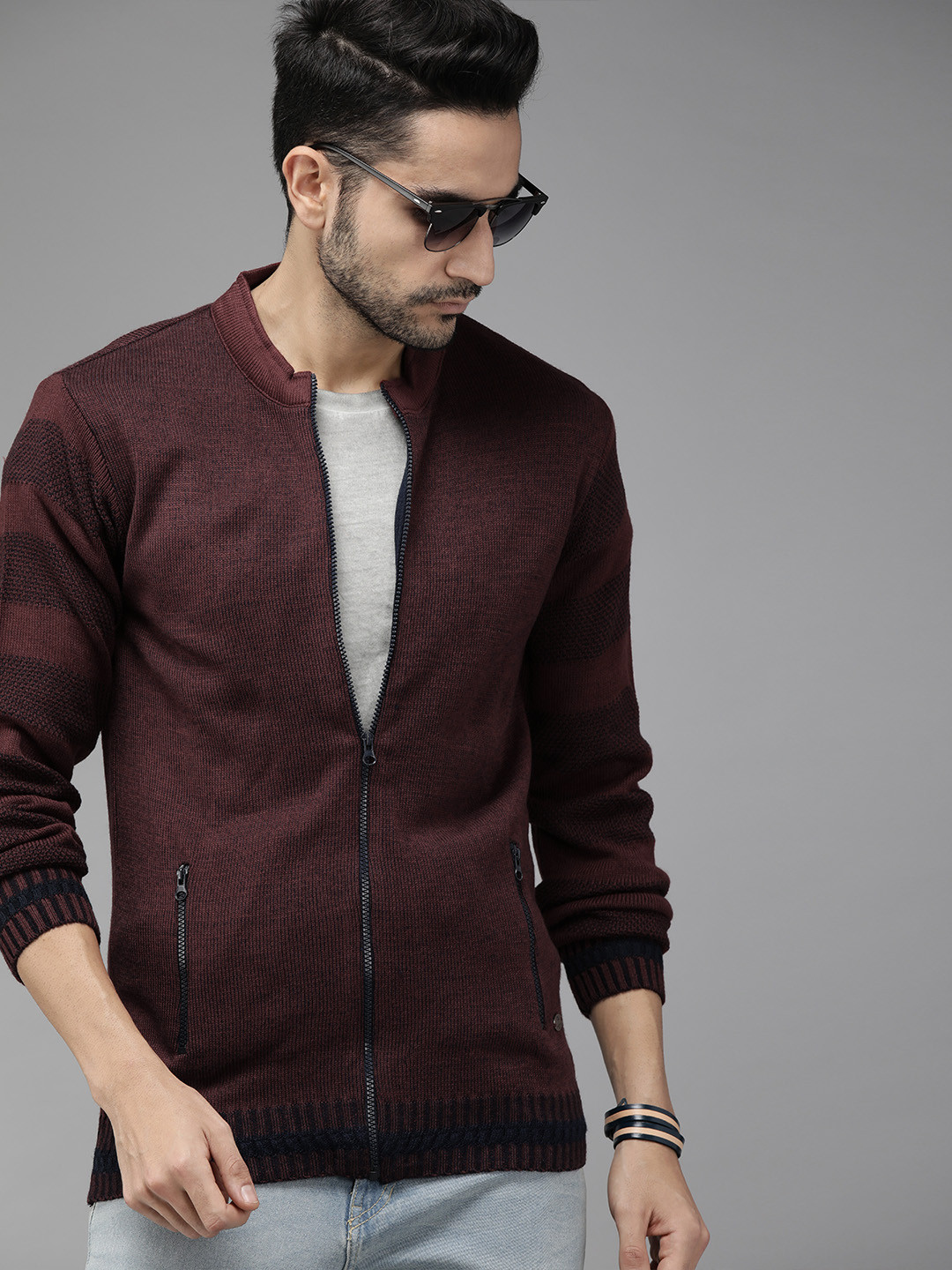 

Roadster Men Maroon & Navy Blue Solid Front-Open Sweater