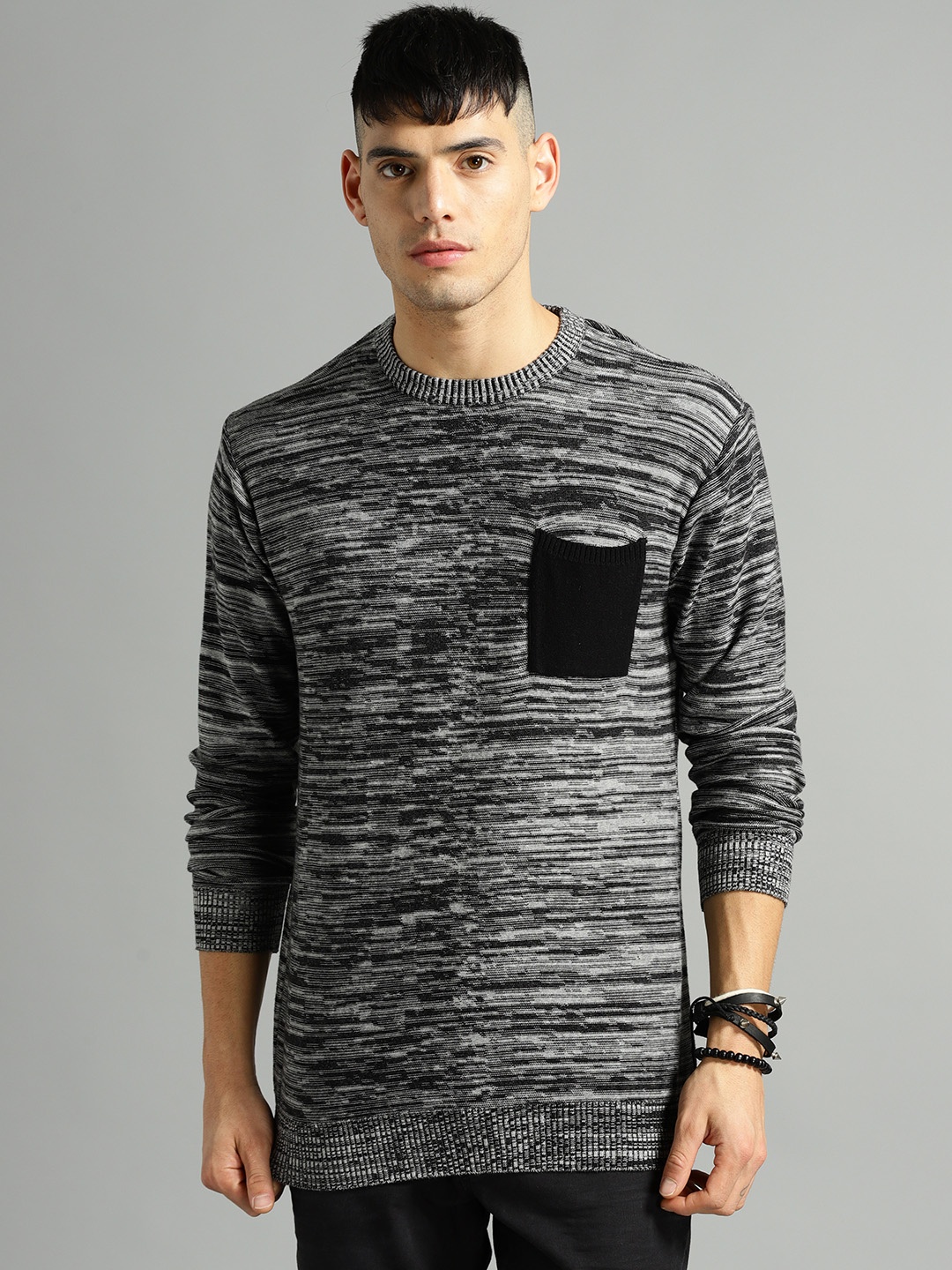 

Roadster Men Grey & Black Self Design Pullover
