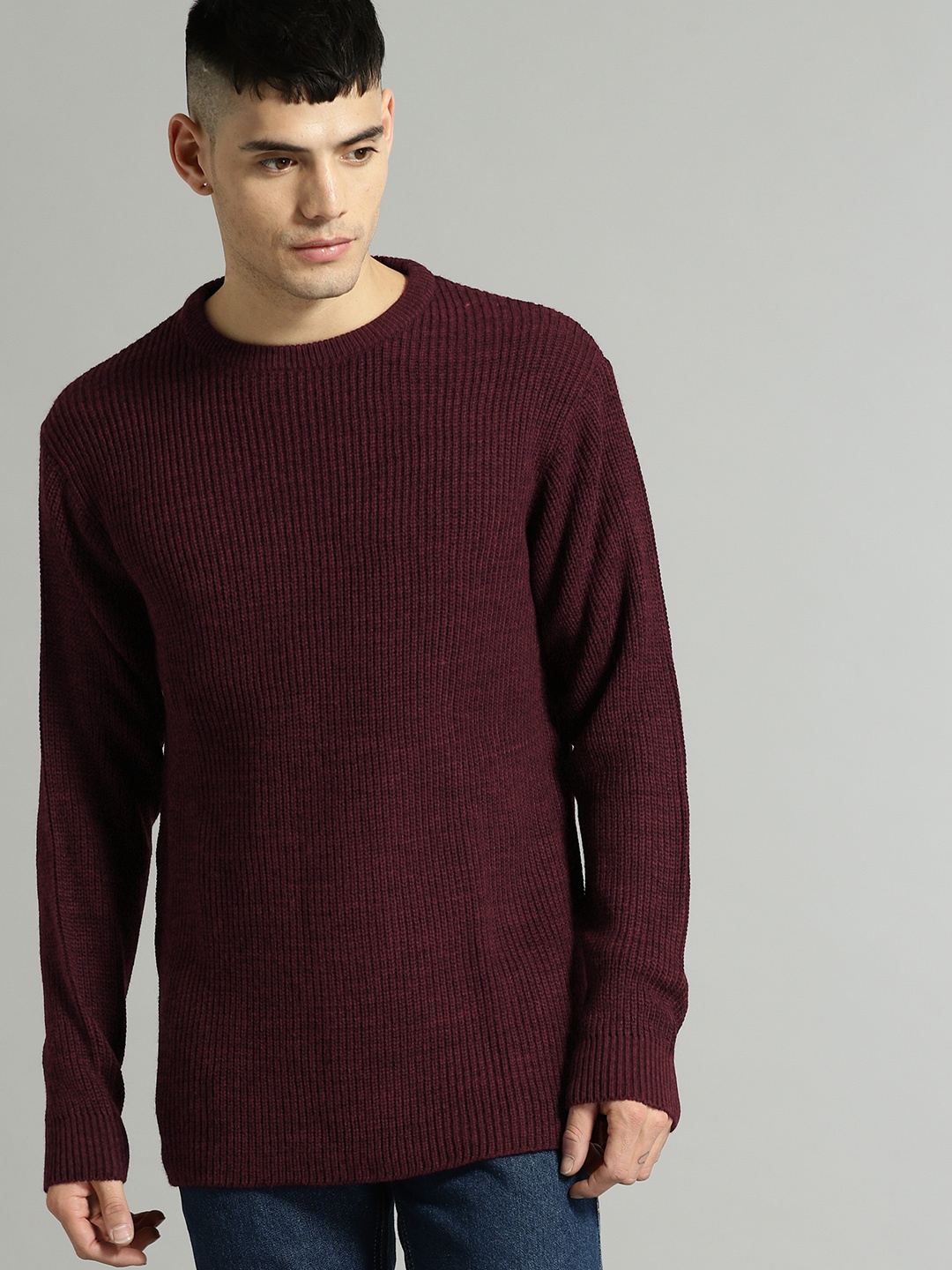 

Roadster Men Maroon Solid Pullover Sweater