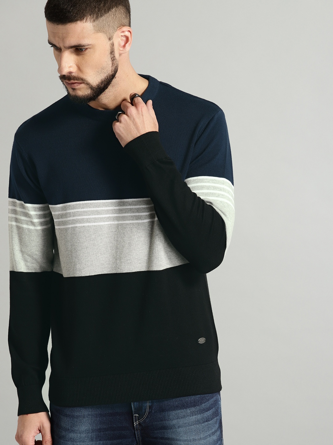 

Roadster Men Navy Blue & Grey Colourblocked Pullover