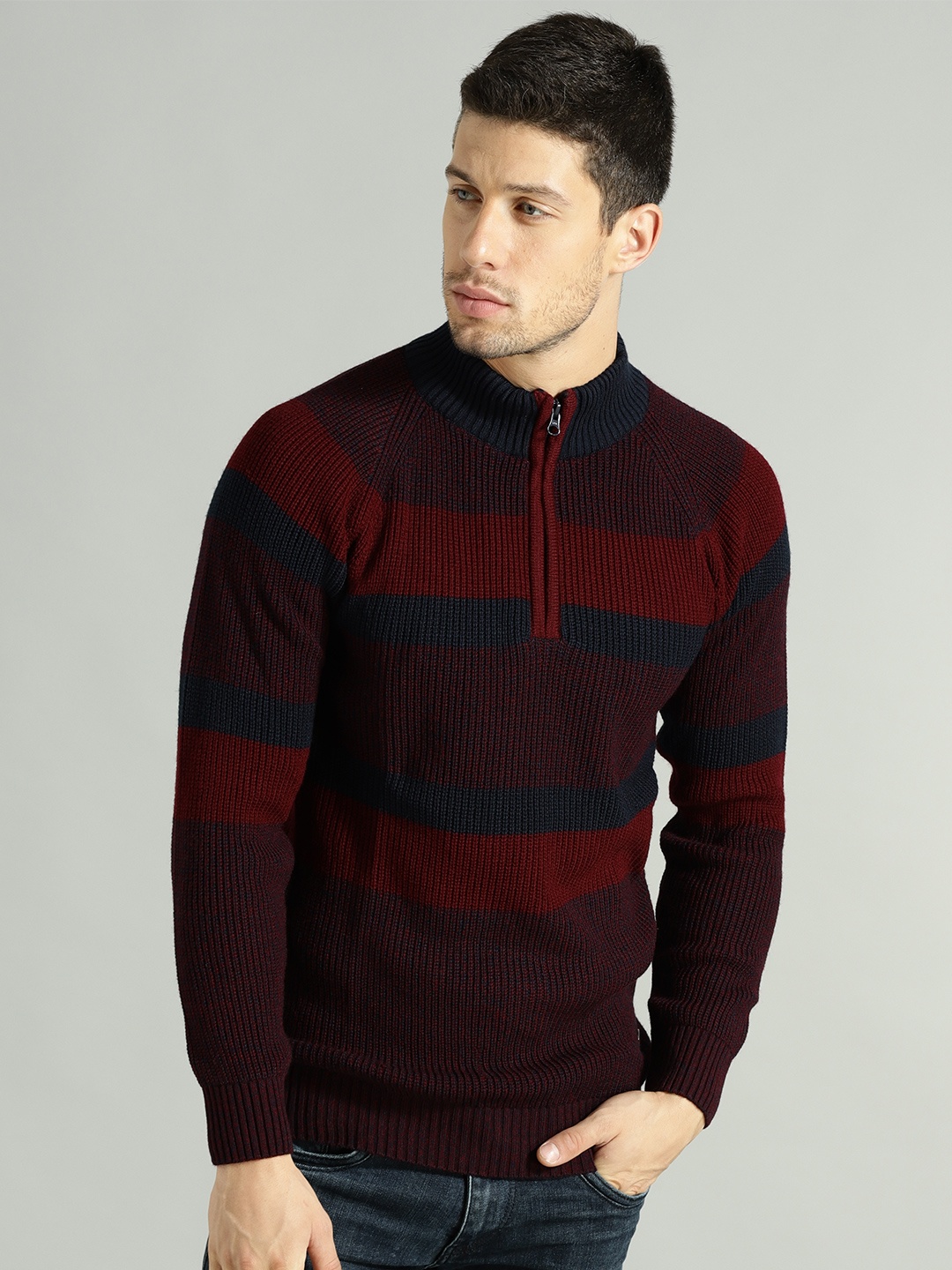 

Roadster Men Maroon & Navy Blue Striped Pullover
