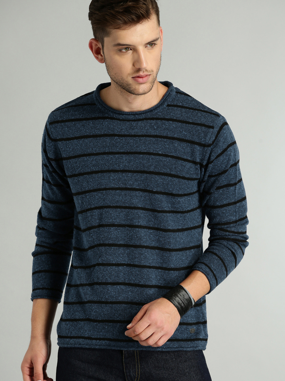 

Roadster Men Navy Blue & Black Striped Acrylic Pullover Sweater