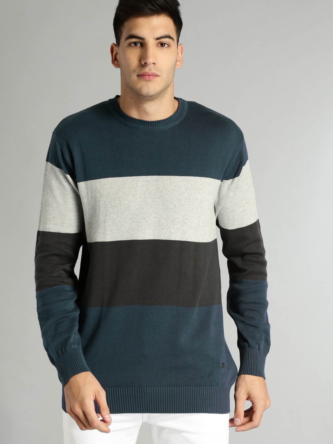 

Roadster Men Blue & Grey Colourblocked Pullover