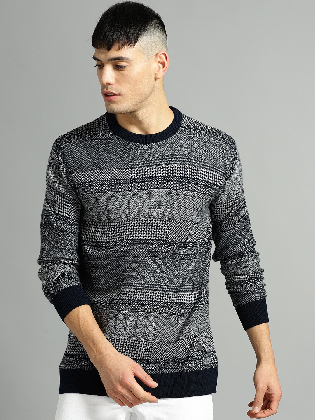 

Roadster Men Navy Blue & Grey Self Design Pullover