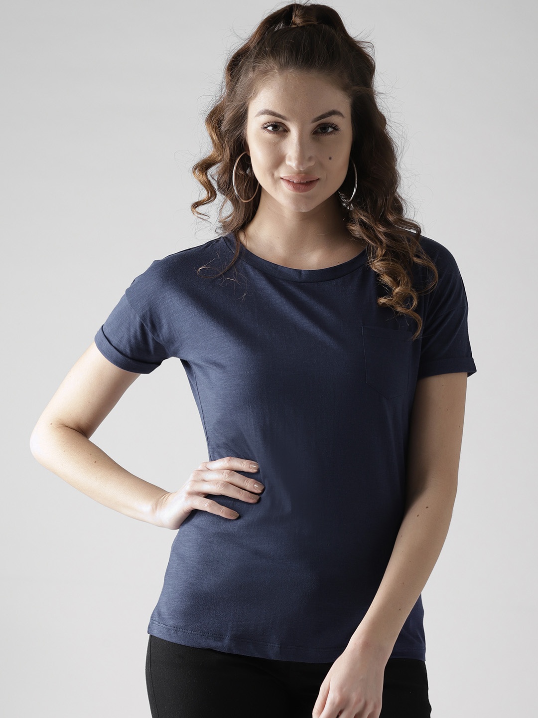 

Style Quotient by noi Women Navy Blue Solid Round Neck T-shirt