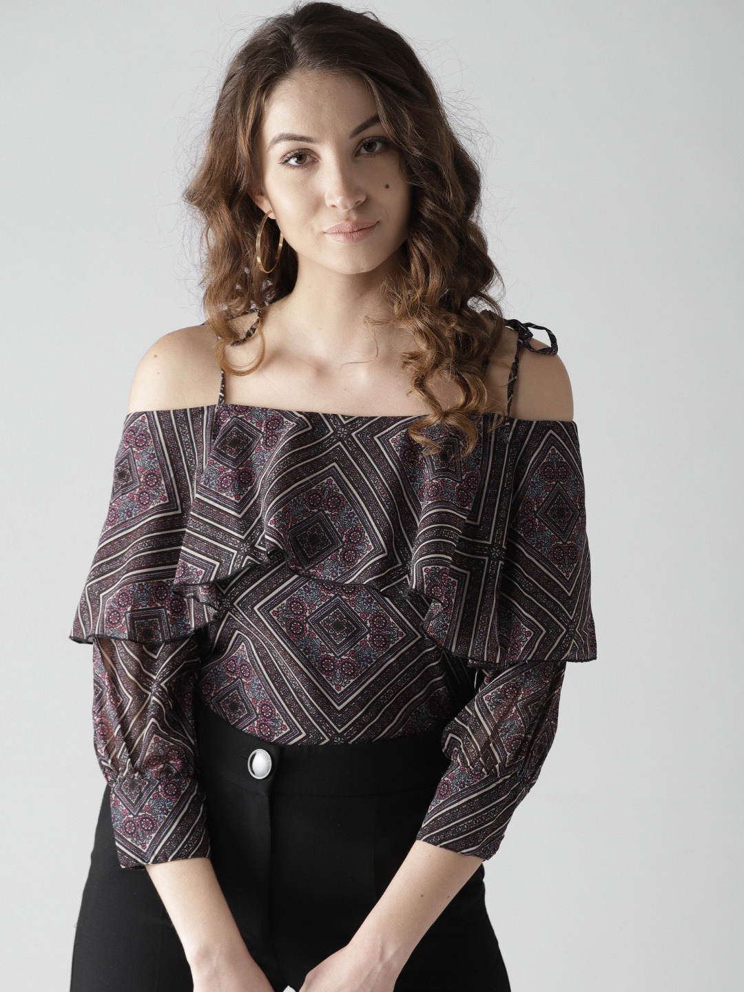 

Style Quotient by noi Women Black Printed Layered Bardot Top