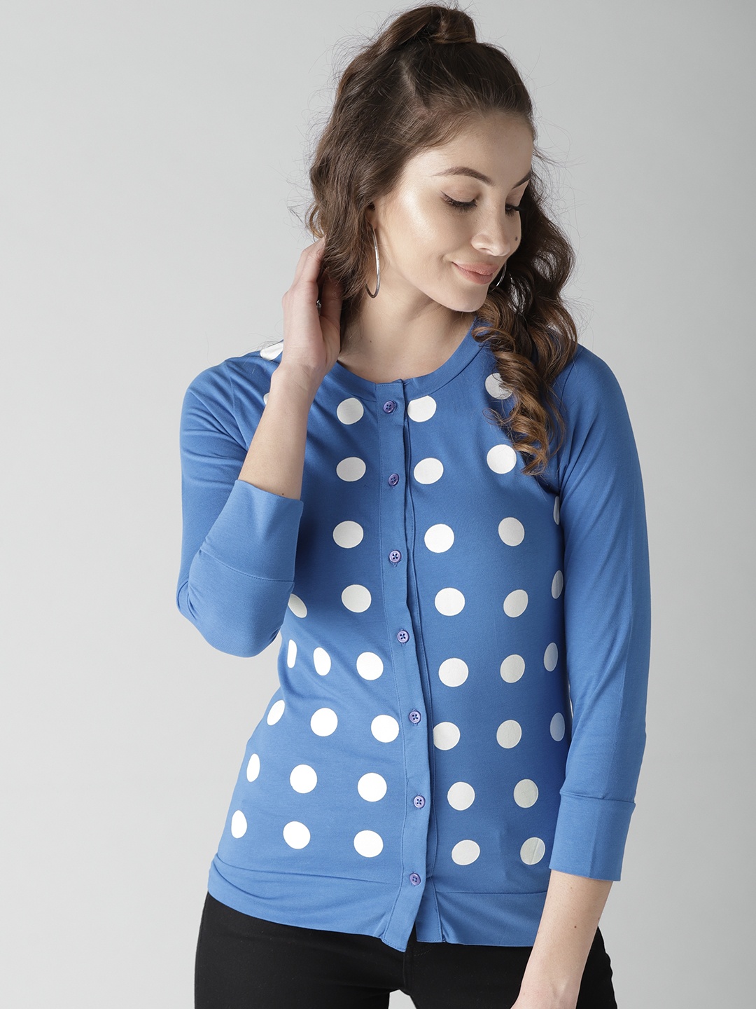 

Style Quotient by noi Blue & White Printed Shirt Style Pure Cotton Top