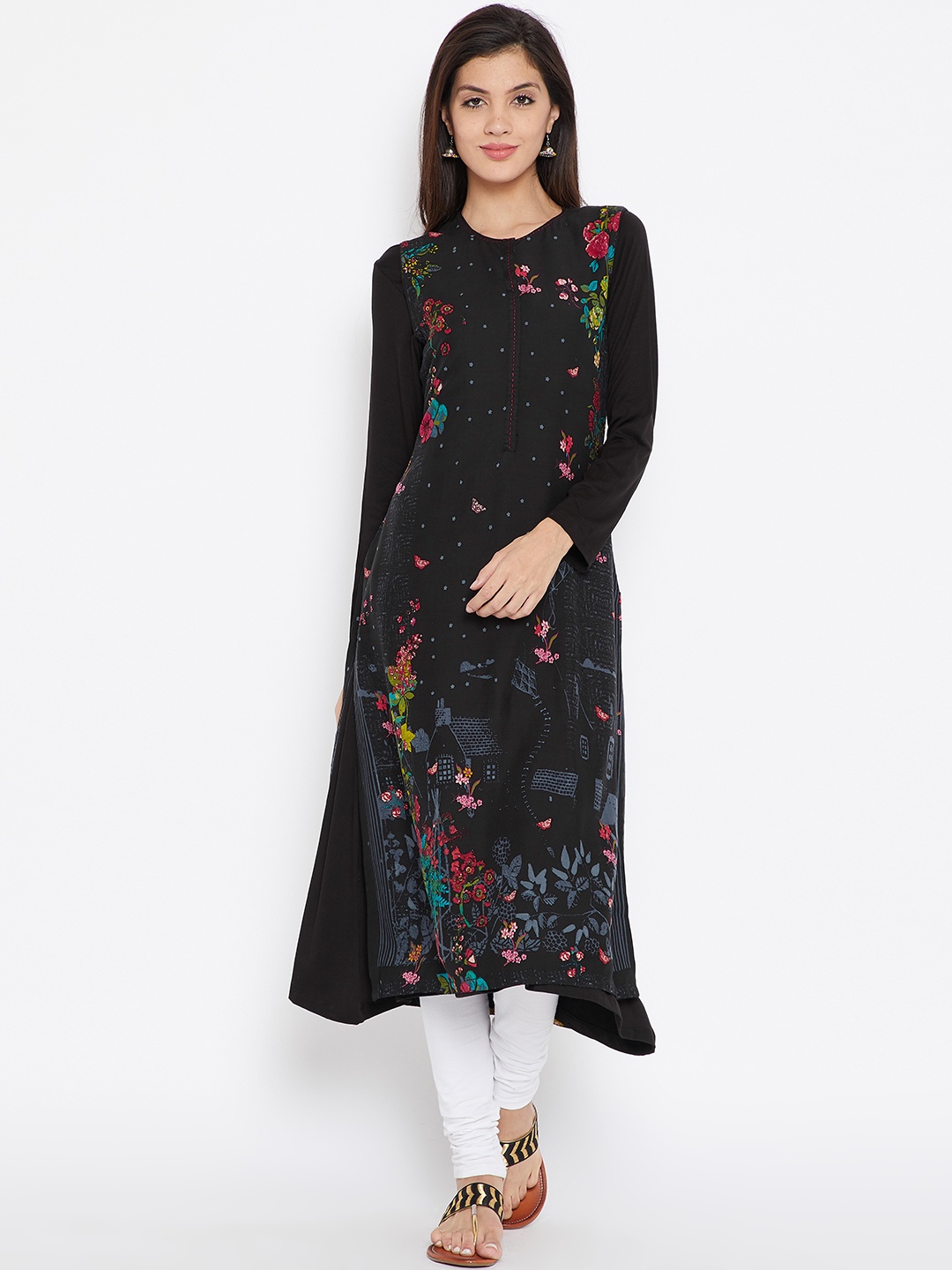 

Biba Women Black Printed A-Line Layered Asymmetric Kurta