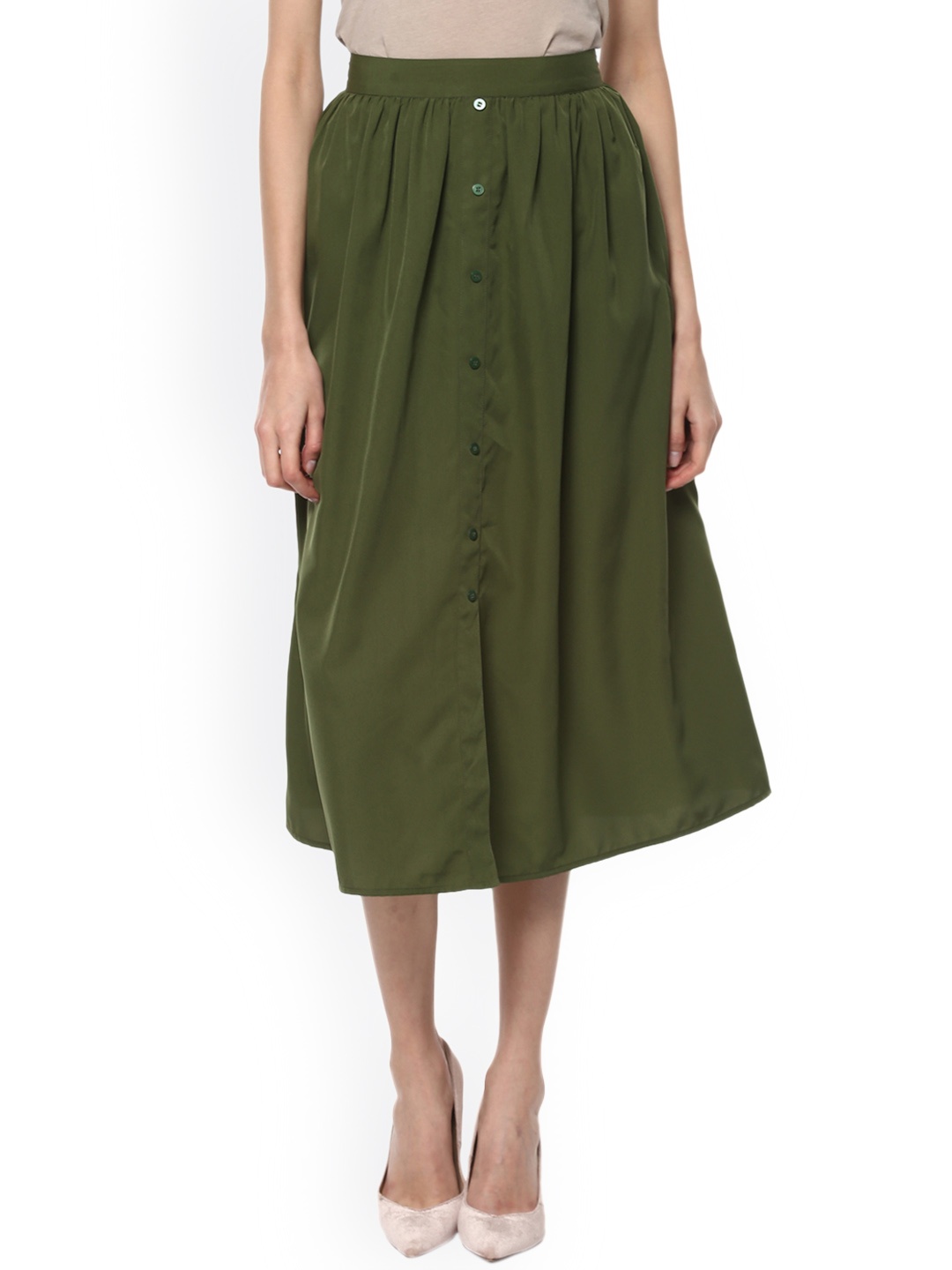 

MABISH by Sonal Jain Olive Green Solid A-Line Midi Skirt