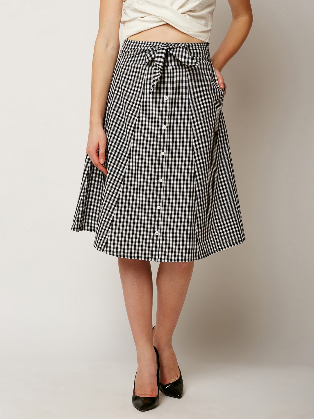 

Miss Chase Black & White Checked A-Line Pure Cotton Skirt