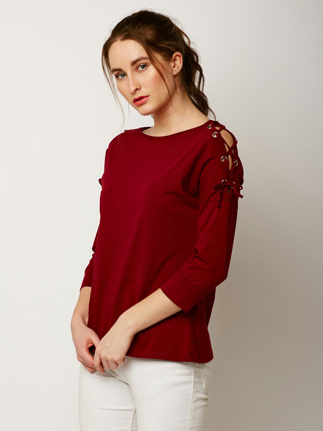 

Miss Chase Women Maroon Solid Pure Cotton Top