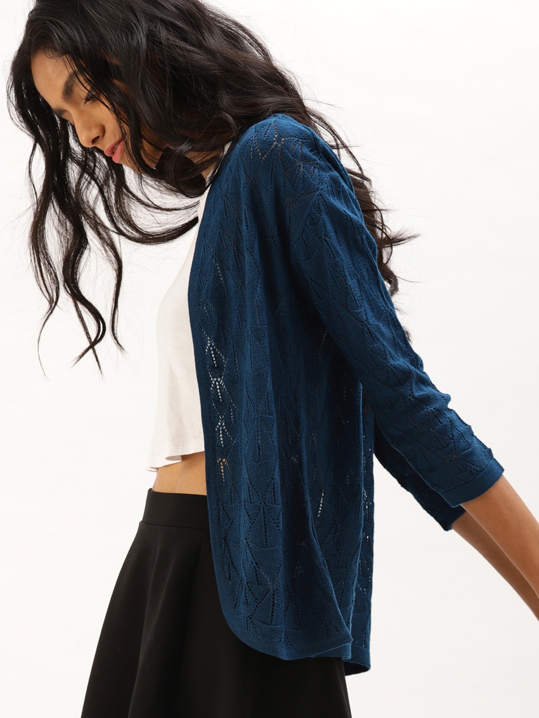 

DressBerry Women Navy Blue Self Design Front-Open Sweater