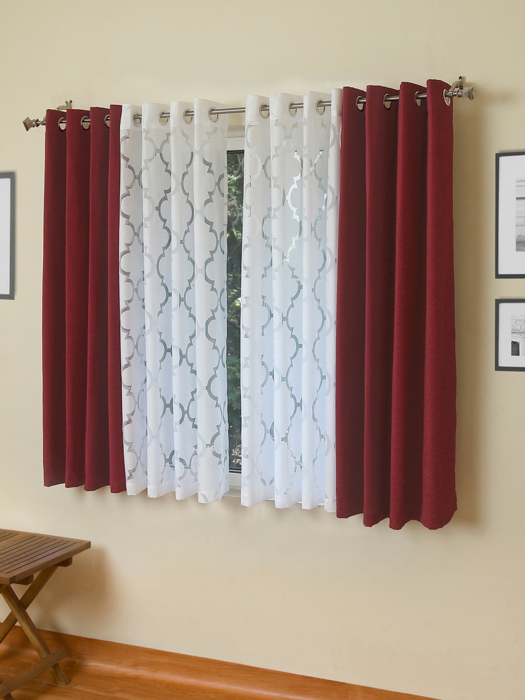 

ROSARA HOME Red & White Set of 4 Window Curtains