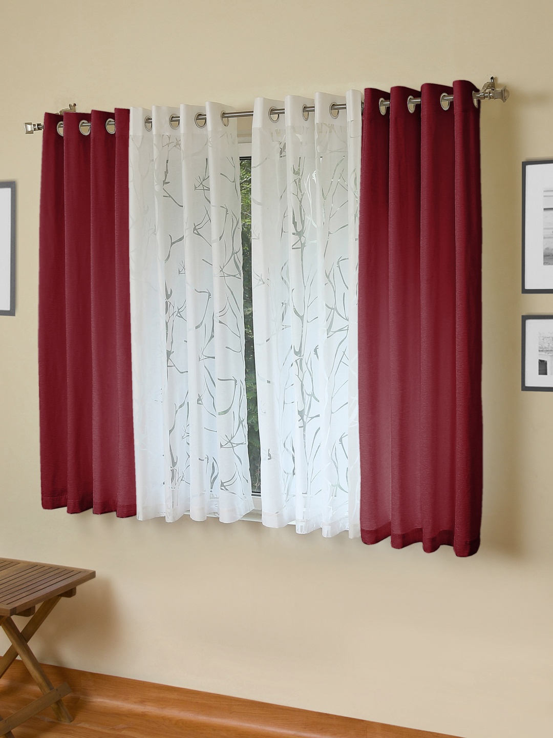 

ROSARA HOME Red & White Set of 4 Window Curtains