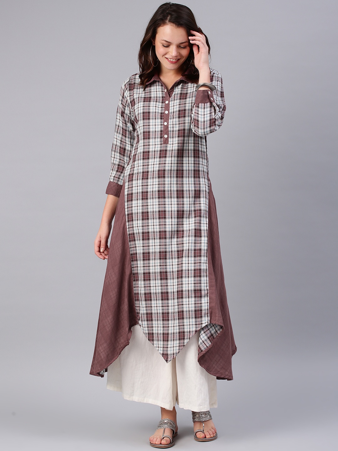 

Shree Women White & Burgundy Checked Asymmetric A-Line Kurta