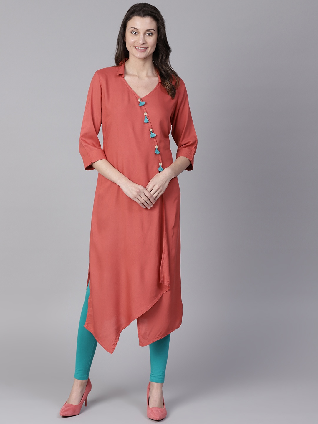 

Shree Women Coral Red Solid Layered Straight Asymmetric Kurta