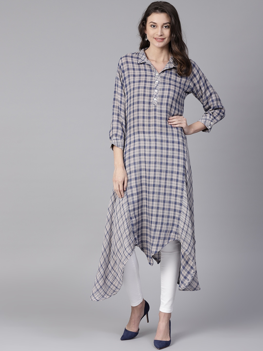 

Shree Women Blue & Grey Checked A-Line Kurta