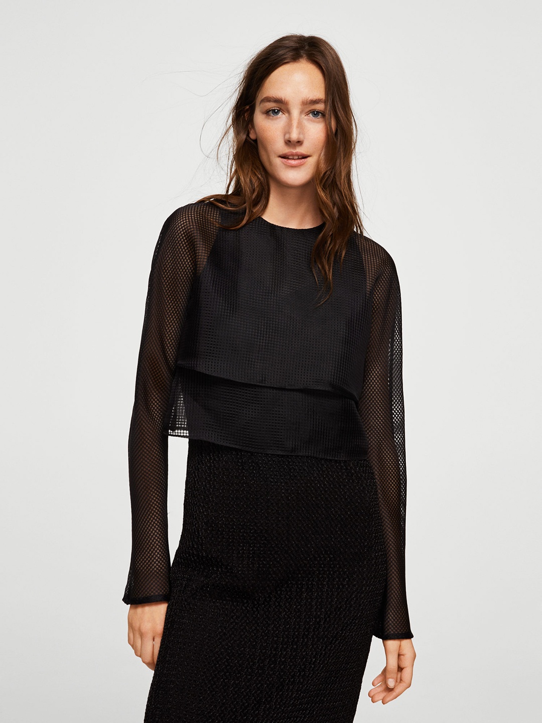 

MANGO Women Black Self-Checked Semi-Sheer Crop Top