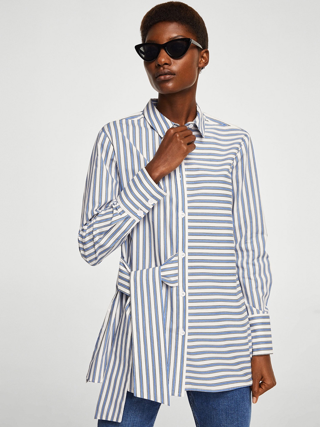 

MANGO Women White & Blue Striped Casual Shirt