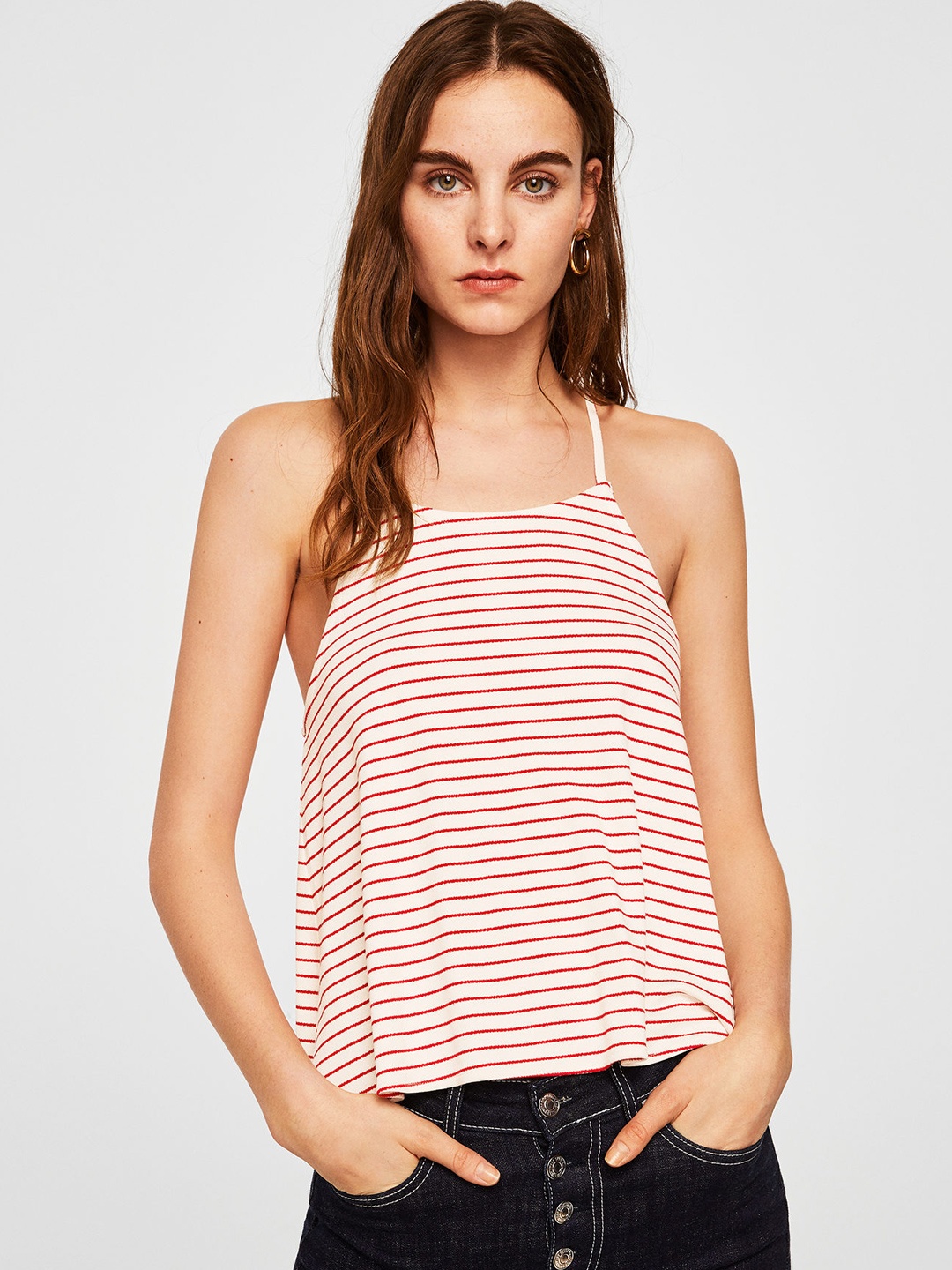 

MANGO Women White & Red Striped Styled Back Top