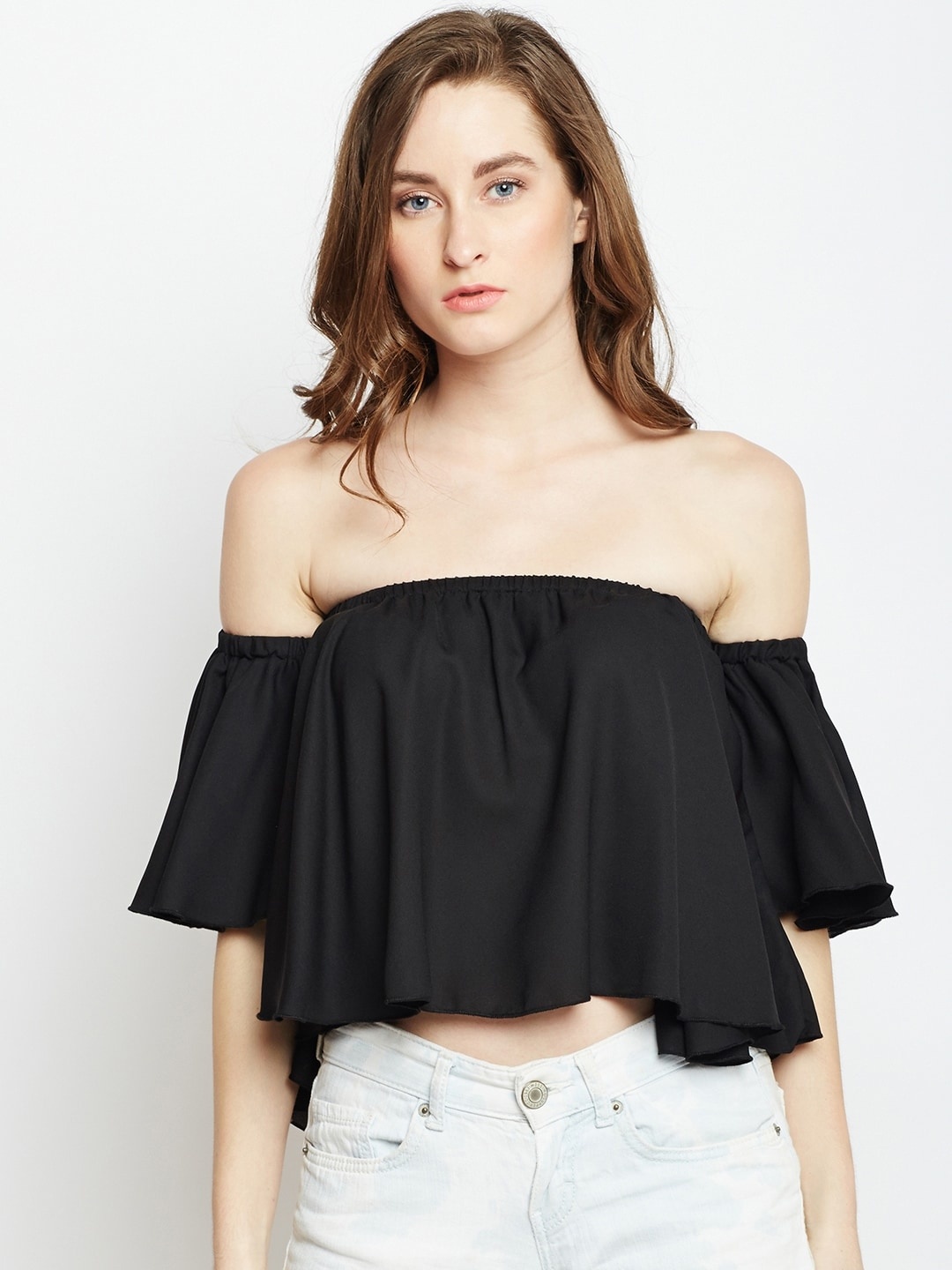 

Berrylush Women Black Solid Bardot Top