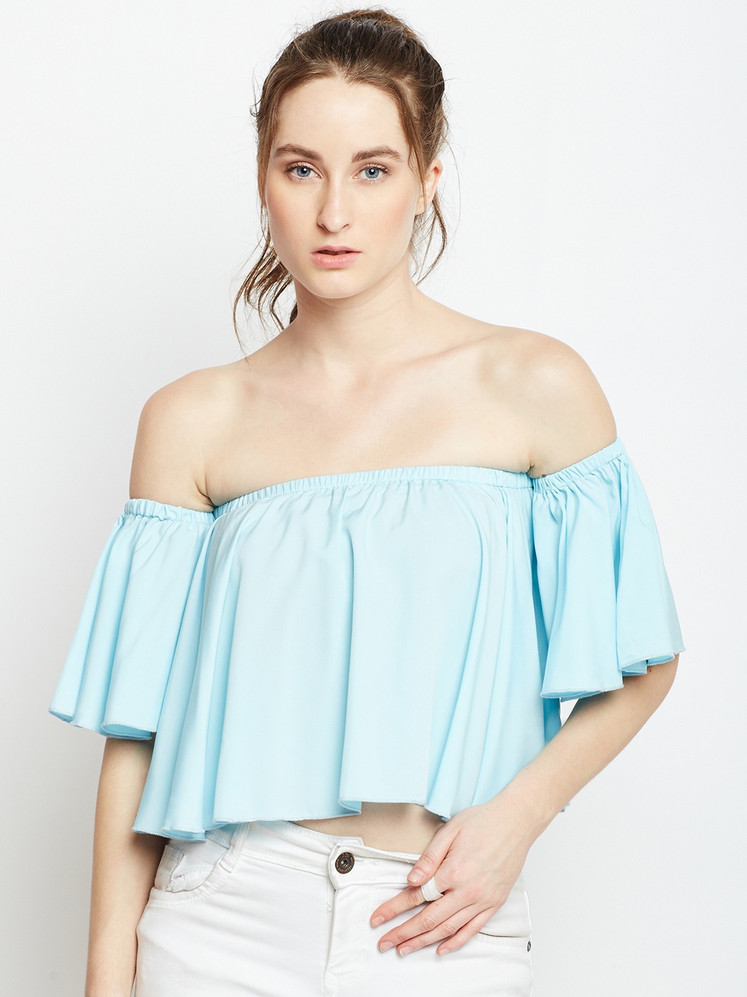 

Berrylush Women Blue Solid Bardot Top