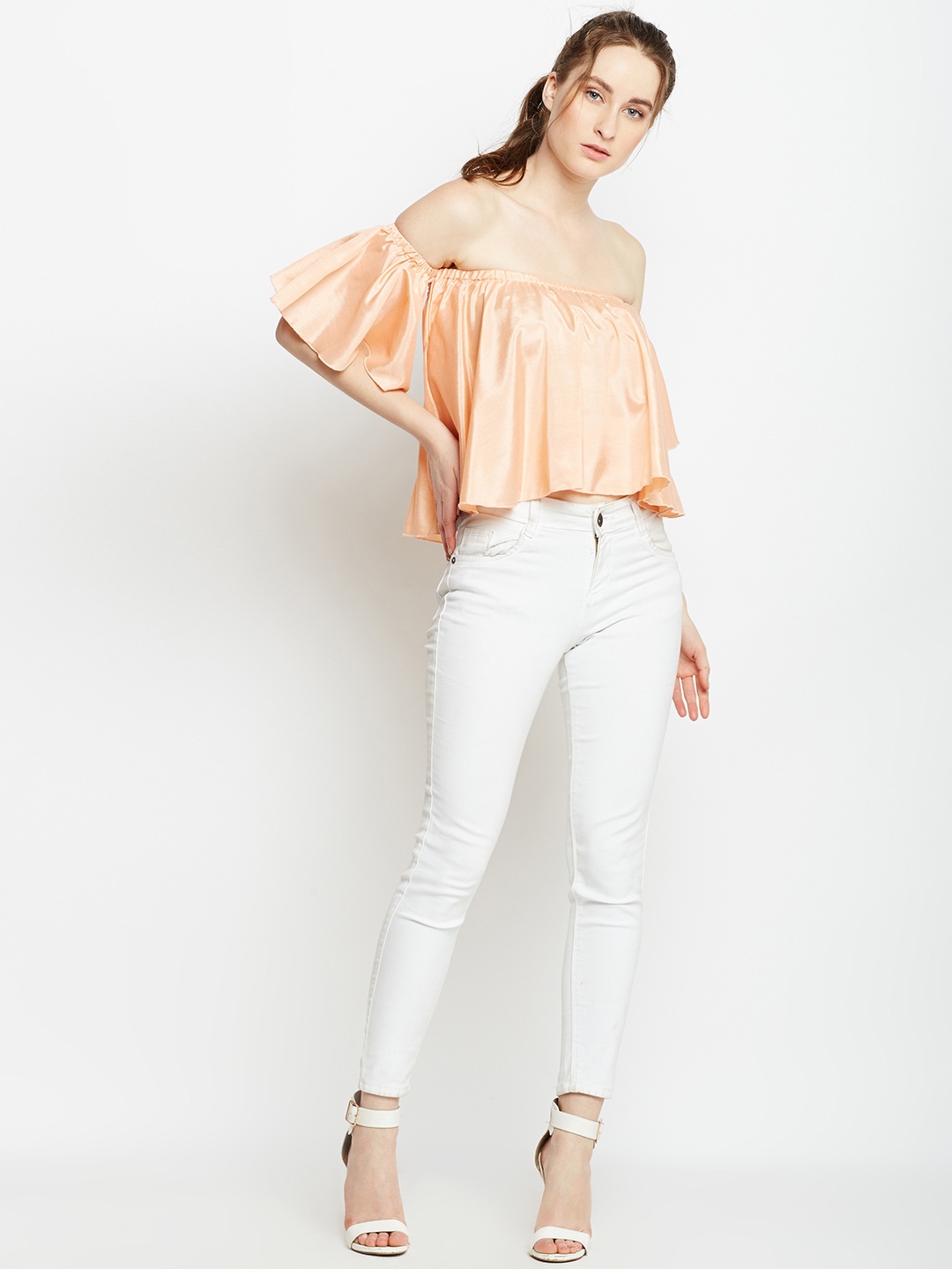 

Berrylush Women Peach-Coloured Solid Bardot Top