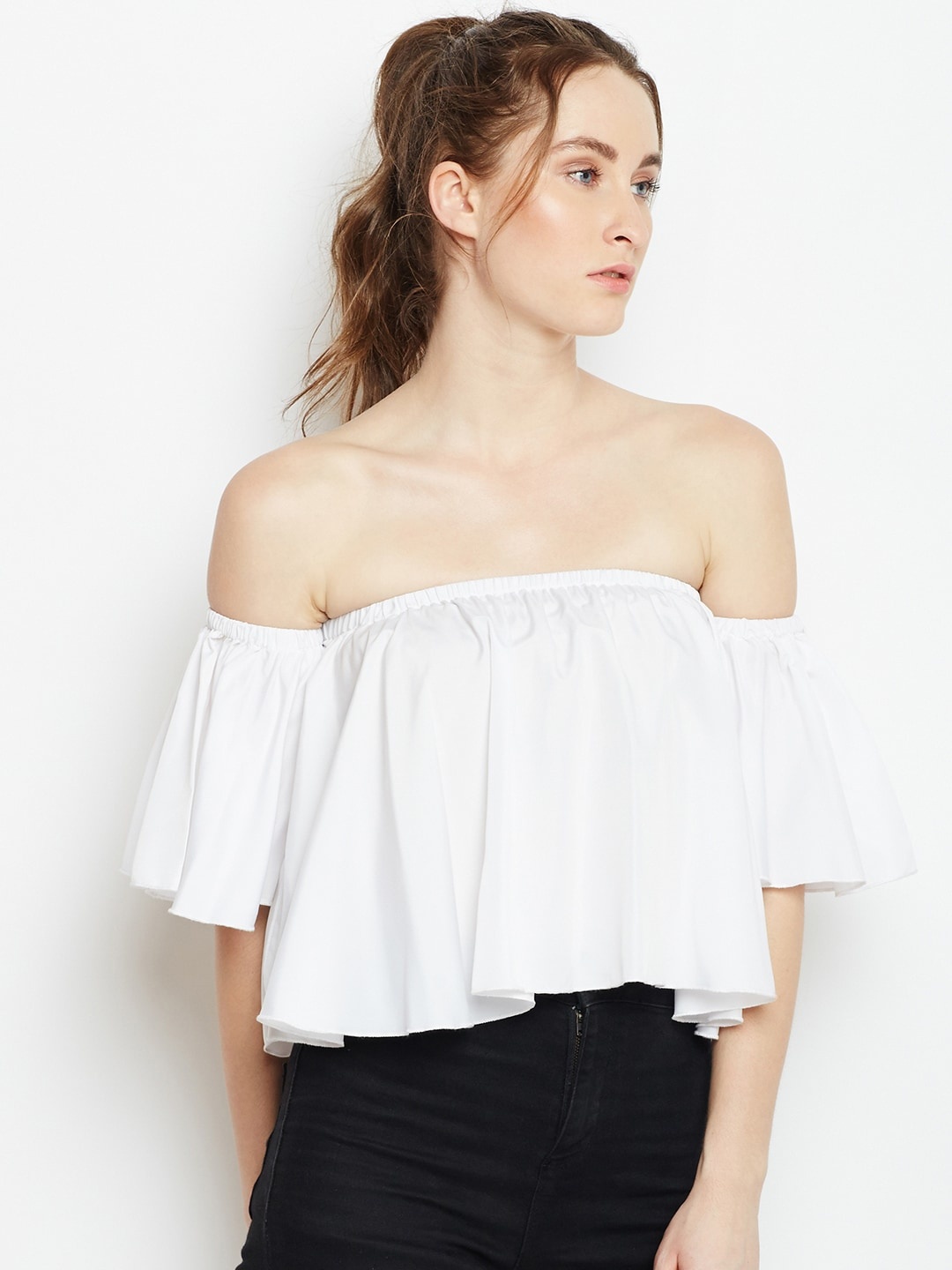 

Berrylush Women White Solid Bardot Top