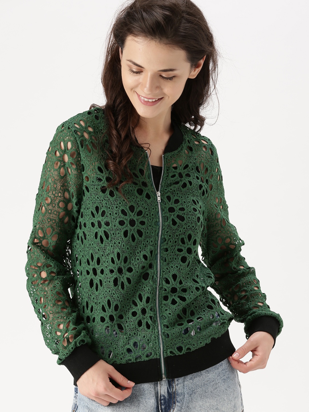 

DressBerry Women Green Self Design Sheer Bomber