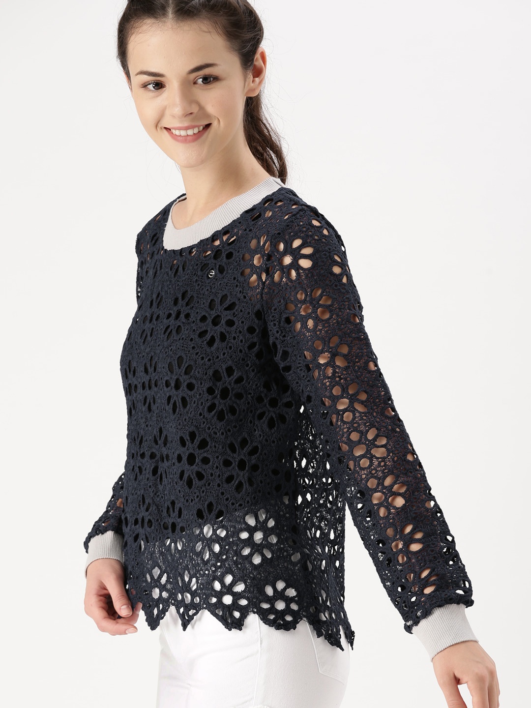 

DressBerry Women Navy Self Design Sheer Top, Navy blue