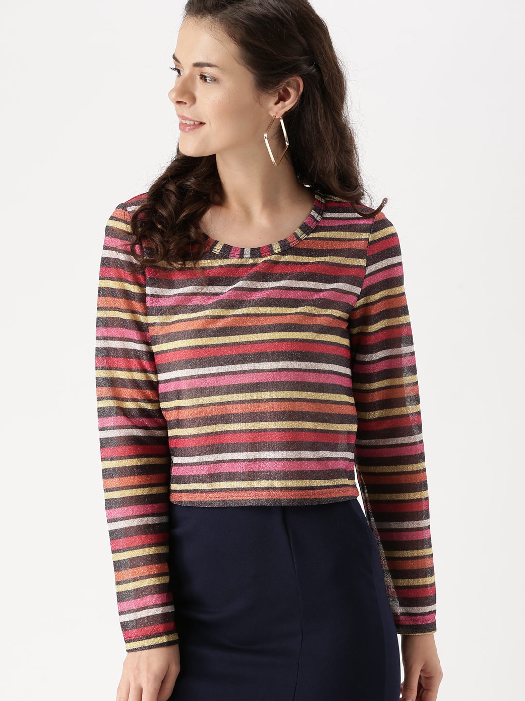 

DressBerry Women Black & Pink Striped Top