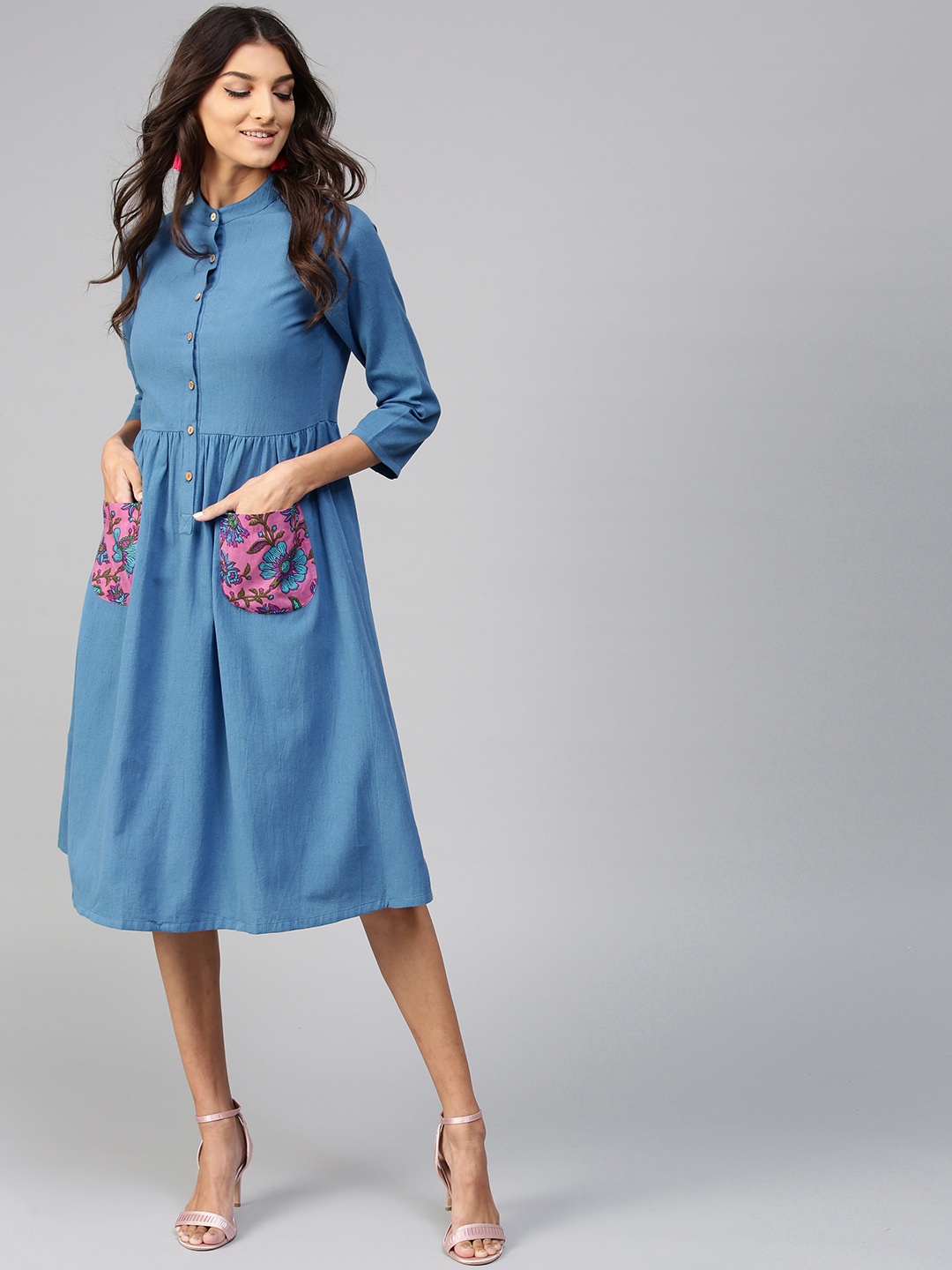 

SASSAFRAS Blue Pure Cotton A-Line Dress