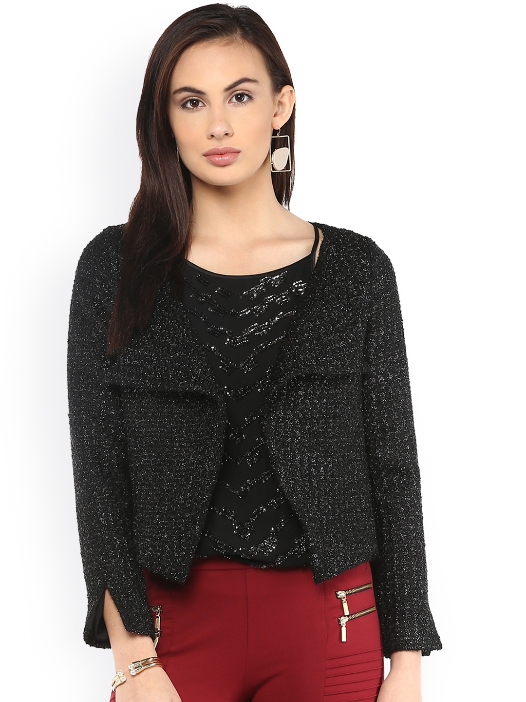

Kazo Women Black Self Design Open Front Jacket